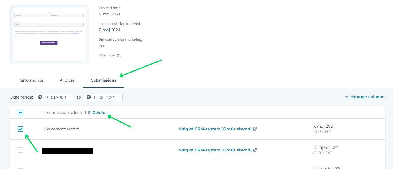 Slet form submissions